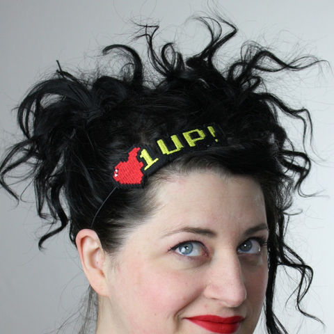 1UP,Retro,Game,Headband,,Heart,1up,Accessories,Hair,Headband,women,headband,janine_basil,janinebasil,uk,red,pixelated_hearts,1_up,gaming,8_bit,Geek,Yellow,scott_pilgrim,polyester_felt,rayon_thread,elastic