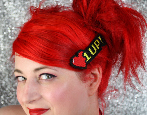 1,Up,Hair,Clip,,Retro,Gaming,Clip,Accessories,women,janine_basil,hair_clip,barette,1_up,heart,red,yellow,pixelated,8_bit,1_up_hair_clip,1_up_heart,under_25_dollars,polyester_felt,rayon_thread,elastic