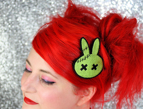 Zombie,Bunny,Hair,Clip,,Animal,,Green,Accessories,Clip,women,janine_basil,hair_clip,barette,womans_hair_clip,kawaii_hair_clip,cute_hair_clip,zombie_hair_clip,green_zombie,stitched_zombie,bunny_zombie,zombie_bunny,rabbit_hai_clip,polyester_felt,rayon_thread,elastic