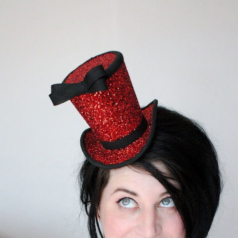 Red,Glitter,Mini,Top,Hat,,Burlesque,Accessories,Hat,top_hat,burlesque_hat,ruby_red_glitter,circus_top_hat,black_bow,theatrical_hat,vintage_style,women,janinebasil,uk,wholesale,ttt,red_glitter,buckram,elastic,wire