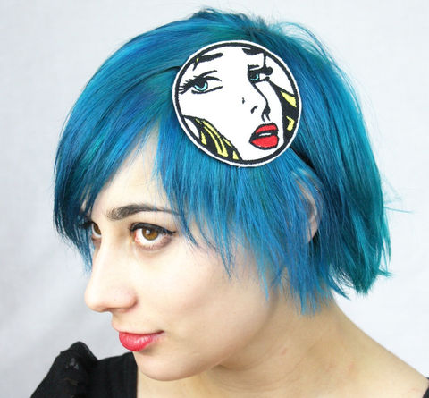 Lichtenstein,Inspired,Headband,,Blonde,,Comic,Book,Heroine,Accessories,Hair,Headband,yellow,lichtenstein,blonde,red_lips,comic,geek,face,janinebasil,pop_art,comic_book_headband,comic_book_heroine,face_headband,comic_inspired,polyester_felt,rayon_thread,elastic,rhinestones