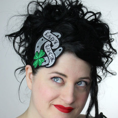 Tattoo,inspired,headband,Lady,Luck,horseshoe,and,four,leaf,clover,Accessories,Hair,women,janine_basil,janinebasil,uk,tattoo,retro,four_leaf_clover,lady_luck,shamrock,ttt,polyester_felt,rayon_thread,elastic