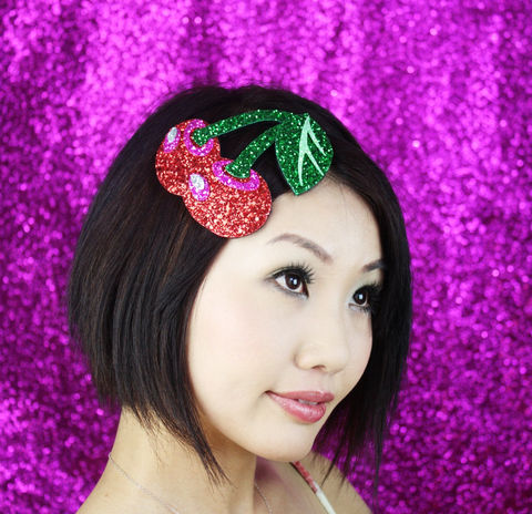 Cherries,Fascinator,Headband,,Rockabilly,Glitter,Cherry,Red,,Pink,and,Green,Accessories,Hair,Headband,fascinator,rockabilly,burlesque,glitter,shimmer,cherry_red,hot_pink,cute,kawaii,burlesque_fascinator,rockabilly_hat,Cherries_headband,Cherry_fascinator