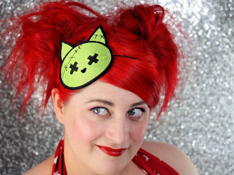 Zombie,Kitty,Headband,,Green,and,Black,Accessories,Hair,Headband,women,headband,janine_basil,adult_headband,stitched,acid_green,kitty,cat,kitty_headband,cat_headband,zombie_cat,zombie_kitty,polyester_felt,rayon_thread,elastic
