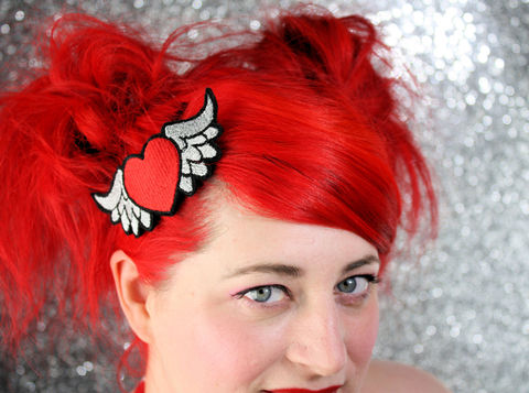 Winged,Heart,Hair,Clip,,Pink,or,Red,Accessories,Clip,women,janine_basil,hair_clip,barette,heart,hair_barrette,cute_barrette,red,red_heart,wings,silver_wings,winged_heart,heart_hair_clip,polyester_felt,rayon_thread,elastic
