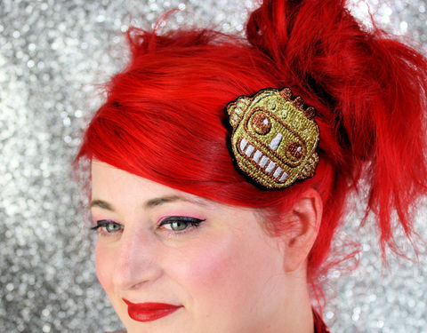 Robot,Head,Hair,Clip,,Cute,in,Gold,or,Silver,Accessories,Clip,women,janine_basil,hair_clip,barette,heart,robot,robot_hair_clip,hair_barrette,cute_barrette,kawaii,robot_head,gold_robot,cute_robot,polyester_felt,rayon_thread,elastic