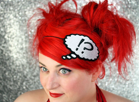 Thought,Bubble,Headband,,Say,What,,Question,Exclamation,Headband,Accessories,Hair,women,headband,janine_basil,say_what,exclamation,question,thought_bubble,speech_bubble,thoughts_headband,inner_thoughts,expression,white,black,polyester_felt,rayon_thread,elastic