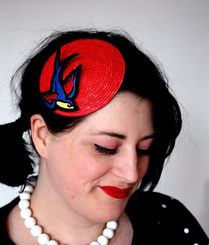 Retro,Rockabilly,Fascinator,,Red,,Sparrow,,Sailor,Jerry,Fascinator,Accessories,Hat,Women,fascinator,retro,scarlet_red,canery_yellow,royal_blue,sparrow,janinebasil,rockabilly_hat,bird_fascinator,small_fascinator,red_fascinator,sailor_jerry,rockabilly,rayon_thread,felt,glitter