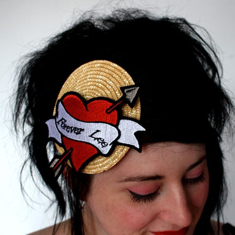 Personalized,Tattoo,Heart,Fascinator,True,Love,Hat,,Custom,Made,with,your,Choice,of,Message,or,Name,Accessories,Hat,Headpiece,fascinator,vintage_inspired,retro_tattoo,love_message,romance,rock_and_roll,alternative_bride,janinebasil,uk,personalized,ttt,rayon_thread,felt,straw