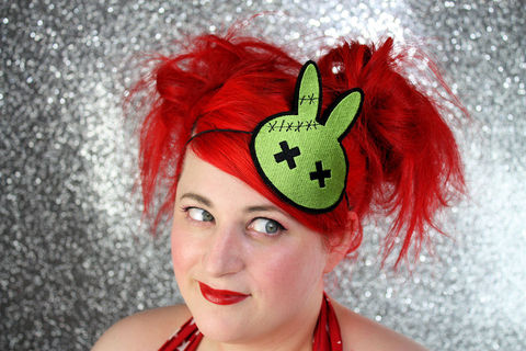 Zombie,Bunny,Headband,,Green,and,Black,Accessories,Hair,Headband,women,headband,janine_basil,adult_headband,zombie_bunny,bunny,rabit,zombie_rabbit,stitched,green_bunny,acid_green,polyester_felt,rayon_thread,elastic