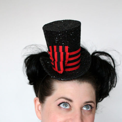 Mini,Top,Hat,,Black,Glitter,with,Red,and,Band,,Burlesque,,As,seen,in,Curve,Magazine,Accessories,Hat,top_hat,burlesque_hat,theatrical_hat,women,janinebasil,uk,wholesale,black_glitter,millitary_top_hat,red_black_stripe,stripes,band,burlesque,pink_glitter,buckram,elastic,wire
