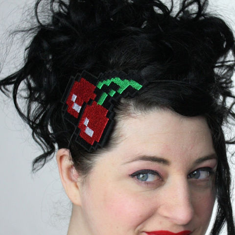 Pixelated,Cherries,Headband,,Retro,Gaming,Inspired,Accessories,Hair,Headband,women,headpiece,fun_and_funky,janinebasil,uk,wholesale,ruby_red,retro_gaming,geek,ttt,cherries,polyester_felt,rayon_thread,elastic