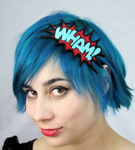 WHAM,Cartoon,Headband,,Comic,Inspired,,Red,and,Turquoise,Accessories,Hair,Headband,headband,geek,comic,janinbasil,batman,superhero_headband,geek_headband,geeky,wham,red,turquoise,comic_headband,wham_headband,polyester_felt,rayon_thread,elastic