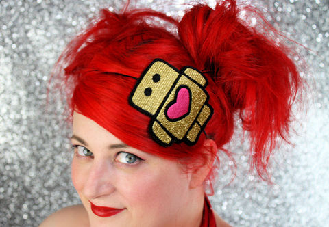 Metallic,Robot,Headband,,Various,Colours,Accessories,Hair,Headband,comic,janinebasil,metallic_gold,shimmer,metallic_headband,pink,shocking_pink,robot_headband,love_bot,heart,cute_headband,cute_robot,polyester_felt,rayon_thread,elastic