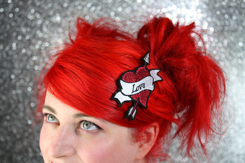 Love,Heart,Hair,Clip,,Cupid,Heart,,Arrow,and,Banner,Tattoo,Style,Hairclip,Accessories,Clip,women,janine_basil,hair_clip,barette,hair_barrette,cute_barrette,heart,tattoo_heart,heart_hair_clip,heart_barrette,cupids_heart,arrow,cupids_heart_clip,polyester_felt,rayon_thread,elastic