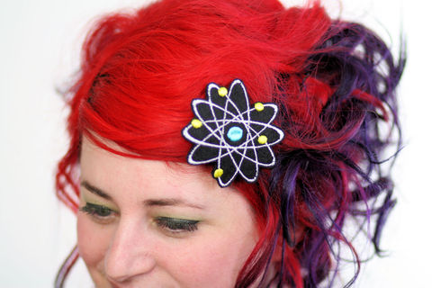 Atom,Hair,Clip,,Boron,,Science,Geek,Barrette,Accessories,Clip,women,janine_basil,hair_clip,barrette,red,white,hair_barrette,green,science_geek,geek_barrette,atom,atomic,boron,polyester_felt,rayon_thread,elastic