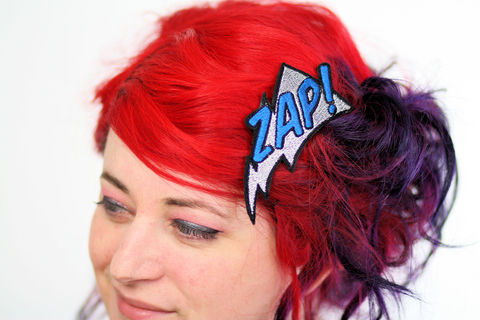 ZAP,Hair,Clip,,Comic,Book,Barrett,,Various,Colours,Accessories,Clip,women,janine_basil,hair_clip,barette,hair_barrette,cute_barrette,zap_hair_clip,comic_hair_clip,comic_barrette,yellow,red,lightning_hair_clip,comic_book_barrette,polyester_felt,rayon_thread,elastic
