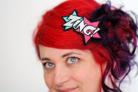 ZING,Hair,Clip,,Comic,Book,Barrette,,Various,Colours,Accessories,Clip,women,janine_basil,hair_clip,barette,hair_barrette,cute_barrette,comic_hair_clip,comic_barrette,comic_book_barrette,zing_hair_clip,turquoise,pink,white,polyester_felt,rayon_thread,elastic