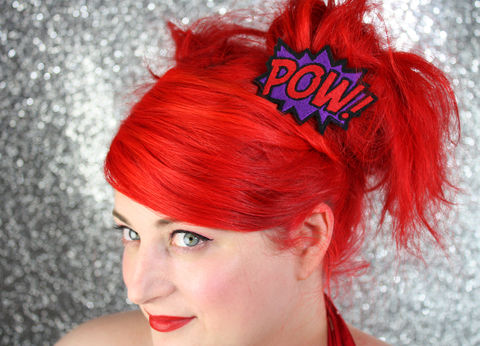 POW,Hair,Clip,,Comic,Book,Barrette,,Various,Colours,Accessories,Clip,women,janine_basil,hair_clip,barette,adult,comic_book,comic_hair_clip,comic_sound_effects,pow,pow_hair_clip,pow_barrette,red,under_25_dollars,polyester_felt,rayon_thread,elastic