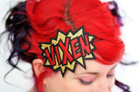 Vixen,Headband,Accessories,Hair,vixen_fox,scarlet_red,rockabilly,women,glamorous,janinebasil,janine_basil,gold,fox,vixen,gold_headband,rockabilly_headband,adult_headband,polyester_felt,rayon_thread,elastic