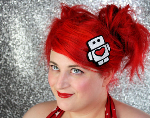 Robot,Hair,Clip,,Cute,with,Heart,,Various,colours,Accessories,Clip,women,janine_basil,hair_clip,barette,heart,robot,robot_hair_clip,hair_barrette,turquoise,cute_barrette,kawaii,silver,silver_heart,polyester_felt,rayon_thread,elastic