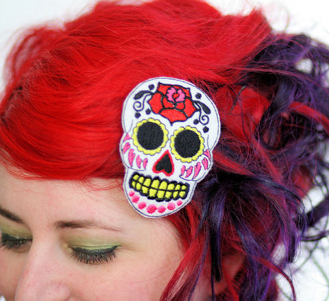Sugar,Skull,Hair,Clip,,Day,of,the,Dead,,Pink,Accessories,Clip,women,janine_basil,rockabilly_hair_clip,sugar_skull,day_of_the_dead,dia_de_los_meurtos,cute,hair_clip,sugar_skull_hairclip,hot_pink,bright_pink,polyester_felt,rayon_thread,elastic