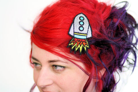 Rocket,Hair,Clip,,Space,Ship,Barette,,Gold,or,Silver,Accessories,Clip,women,janine_basil,hair_clip,barette,hair_barrette,cute_barrette,rocket_hair_clip,rocket_ship,space_ship,spaceship_hair_clip,silver_hair_clip,silver_rocket,metallic,polyester_felt,rayon_thread,elastic