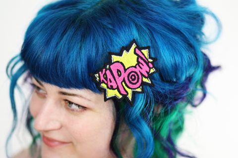 KAPOW,Hair,Clip,,Comic,Book,Barrette,Accessories,Clip,women,janine_basil,hair_clip,barette,adult,comic_book,comic_hair_clip,comic_sound_effects,yellow,kapow,kapow_hair_clip,hot_pink,cute,polyester_felt,rayon_thread,elastic