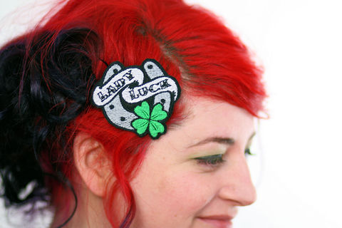 Hair,Clip,,Retro,Tattoo,Style,,Lady,Luck,Barrette,,Four,Leaf,Clover,&,Horse,Shoe,Accessories,Clip,women,janine_basil,hair_clip,barette,hair_barrette,cute_barrette,retro_tattoo_style,lady_luck,four_leaf_clover,horseshoe_hair_clip,tattoo_hair_clip,rockabilly_hair_clip,lady_luck_barrette,polyester_felt,rayon_thread,elastic