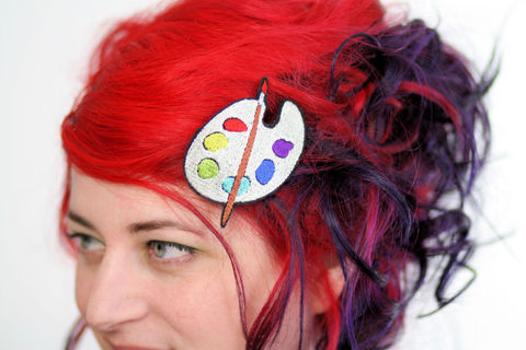 Artist,Palette,Hair,Clip,,Painters,Barrette,,multi,color,Accessories,Clip,women,janine_basil,hair_clip,barrette,artist_palette,artist_hairclip,painters_barrette,cute_hair_clip,paint_brush,painters_hair_clip,painters_accessory,art_barrette,adult_barrette,polyester_felt,rayon_thread,elastic