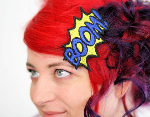 BOOM,Hair,Clip,,Comic,Book,Barrette,,Various,Colours,Accessories,Clip,women,janine_basil,hair_clip,barette,adult,comic_book,comic_hair_clip,comic_sound_effects,red,boom,comic,boom_hair_clip,metallic,polyester_felt,rayon_thread,elastic