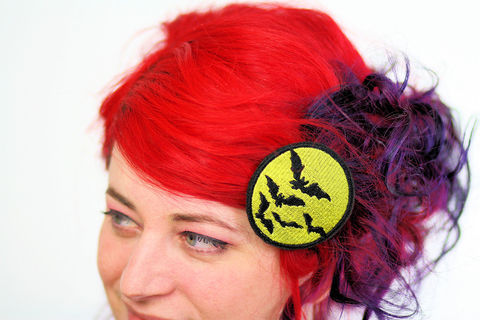 Bat,Hair,Clip,,Halloween,Barrette,,Yellow,Accessories,Clip,women,janine_basil,hair_clip,barette,hair_barrette,cute_barrette,halloween,halloween_hair_clip,halloween_barrette,orange,bats,bat_hair_clip,bat_barrette,polyester_felt,rayon_thread,elastic