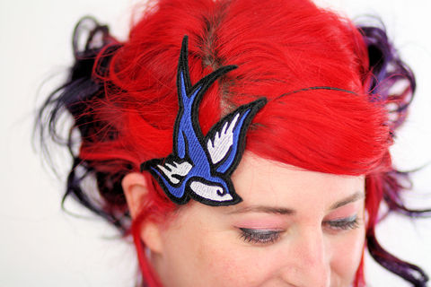 Retro,Swallow,Headband,,Tattoo,Style,Accessories,Hair,Headband,cute,janine_basil,janinebasil,uk,rockabilly,tattoo_style,retro,ruby_red,swallow_headband,tattoo_headband,retro_tattoo,retro_swallow,royal_blue,polyester_felt,rayon_thread,elastic