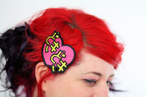 Doki,Hair,Clip,,Heart,Beat,,Japanese,Kanji,Barrette,Accessories,Clip,women,janine_basil,cute,hair_clip,hot_pink,bright_pink,japanese_kawaii,kawaii_hair_clip,barrette,doki_doki_hair_clip,japanese_kanji,heart_beat,heart_hair_clip,polyester_felt,rayon_thread,elastic