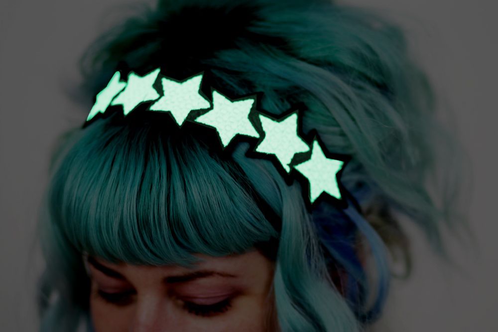 Glow in the dark Stars Headband, White, Green Glow, UV Reactive