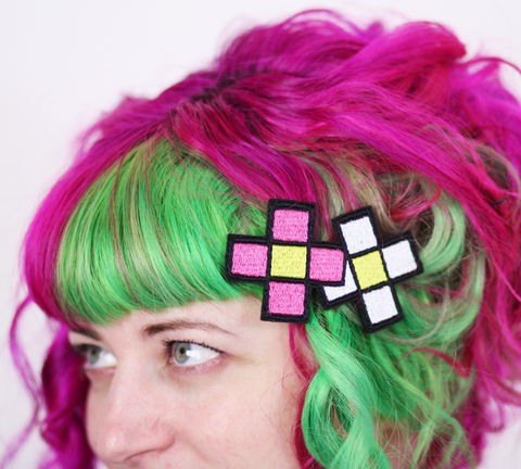 8,Bit,Flower,Hair,Clip,,Pixel,Flowers,,Various,Colours,Accessories,Clip,women,janine_basil,hair_clip,barette,adult,hair_barrette,bam,comic_book,comic_hair_clip,comic_sound_effects,yellow,turquoise,polyester_felt,rayon_thread,elastic