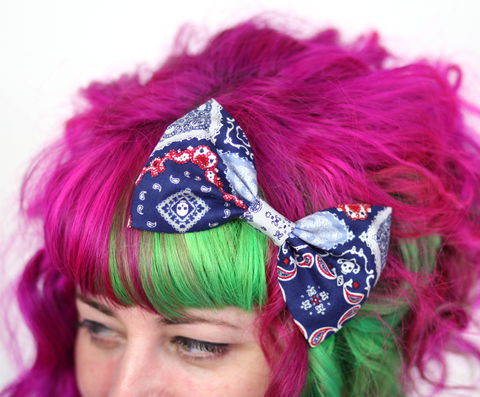 Bandana,Print,Hair,Bow,,Blue,,Red,Clip,Bow,Hair Bow, hair clip, spots, polka dots