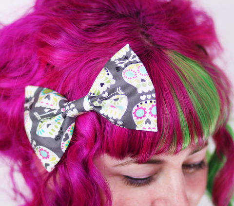 Sugar,Skull,Hair,Bow,,Grey,Day,of,the,Dead,Print,Hair Bow, hair clip, spots, polka dots