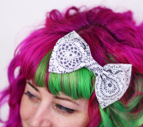 Doily,Lace,Print,Hair,Bow,,Grey,and,White,Hair Bow, hair clip, spots, polka dots