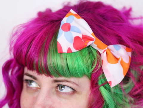 Retro,Floral,70s,Hair,Bow,,Orange,,Red,,White,,Blue,Hair Bow, hair clip, spots, polka dots