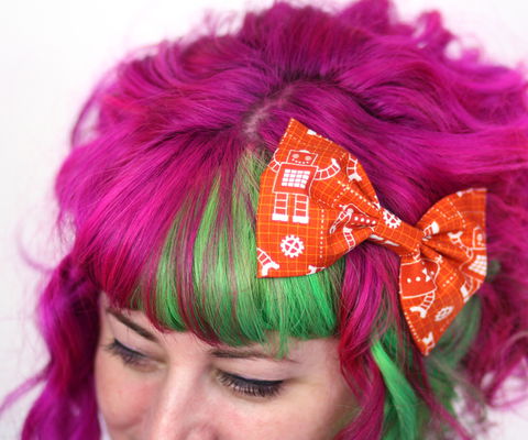 Robot,Print,Hair,Bow,Clip,,Burnt,Orange,Hair Bow, hair clip, spots, polka dots