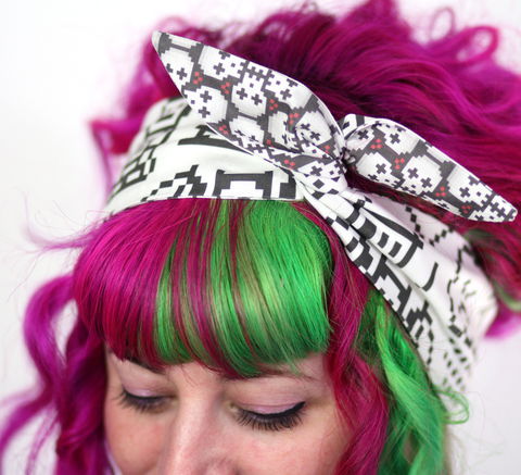 Reversible,Wired,Bow,Headband,,Pixel,Skulls,and,Doodles,dolly bow headband, wired, tie hair band