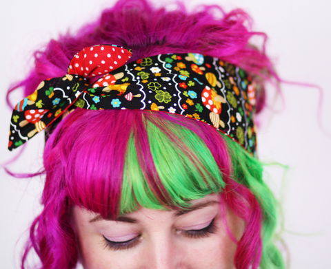 Reversible,Wired,Bow,Headband,,Toadstool,Print,and,Red,with,White,Spot,dolly bow headband, wired, tie hair band