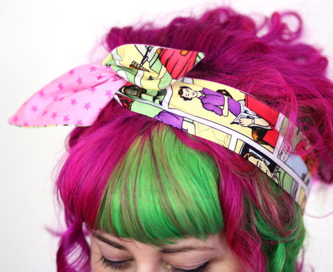 Reversible,Wired,Bow,Headband,,Comic,Strip,and,Pink,Stars,dolly bow headband, wired, tie hair band
