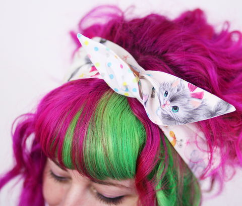 Reversible,Wired,Bow,Headband,,Kitten,Print,and,Pastel,Polka,Dots,dolly bow headband, wired, tie hair band
