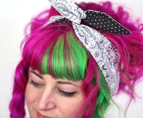 Reversible,Wired,Bow,Headband,,Doily,Lace,Print,with,Black,and,White,Spots,dolly bow headband, wired, tie hair band