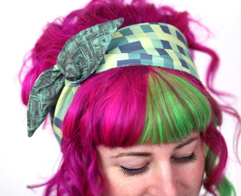 Reversible,Wired,Bow,Headband,,Green,Pixels,with,Grey,and,Circuit,Board,dolly bow headband, wired, tie hair band
