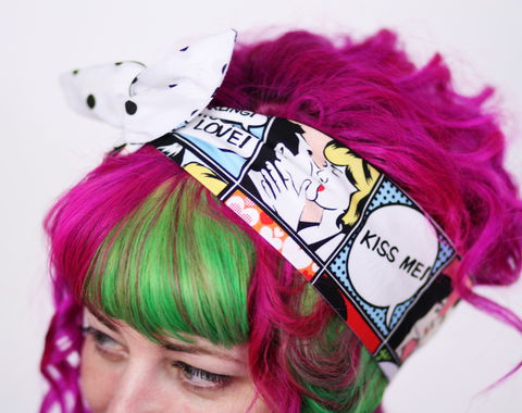 Reversible,Wired,Bow,Headband,,Kiss,Me,Comic,Strip,and,White,with,Black,Polka,Dot,dolly bow headband, wired, tie hair band