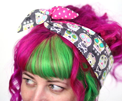 Reversible,Wired,Bow,Headband,,Sugar,Skulls,with,Pink,and,White,Spots,dolly bow headband, wired, tie hair band