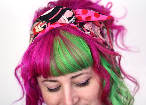 Reversible,Wired,Bow,Headband,,Retro,Circles,with,Pink,and,Red,Spots,dolly bow headband, wired, tie hair band